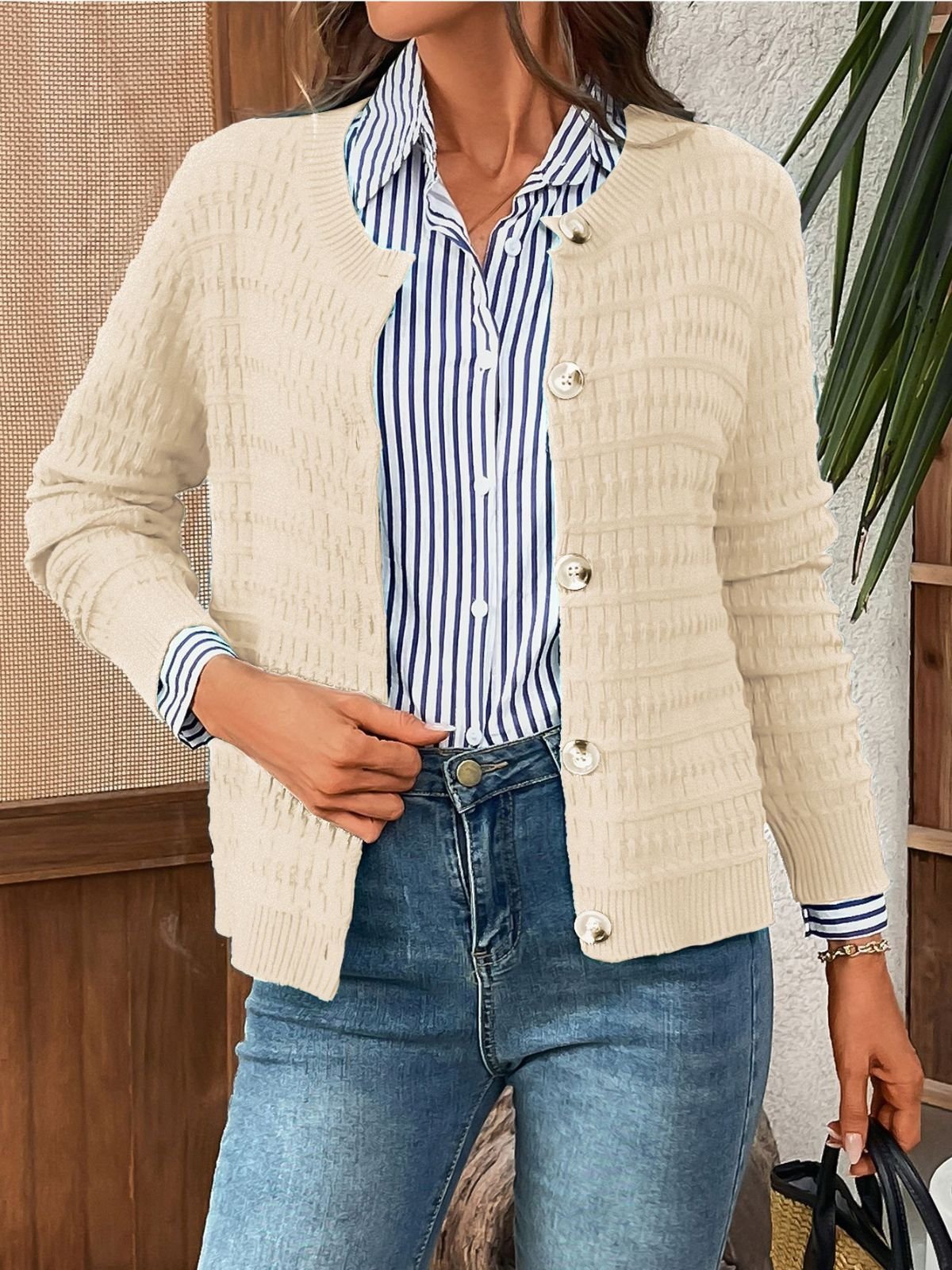 Simple Crew Neck Plain Cardigan