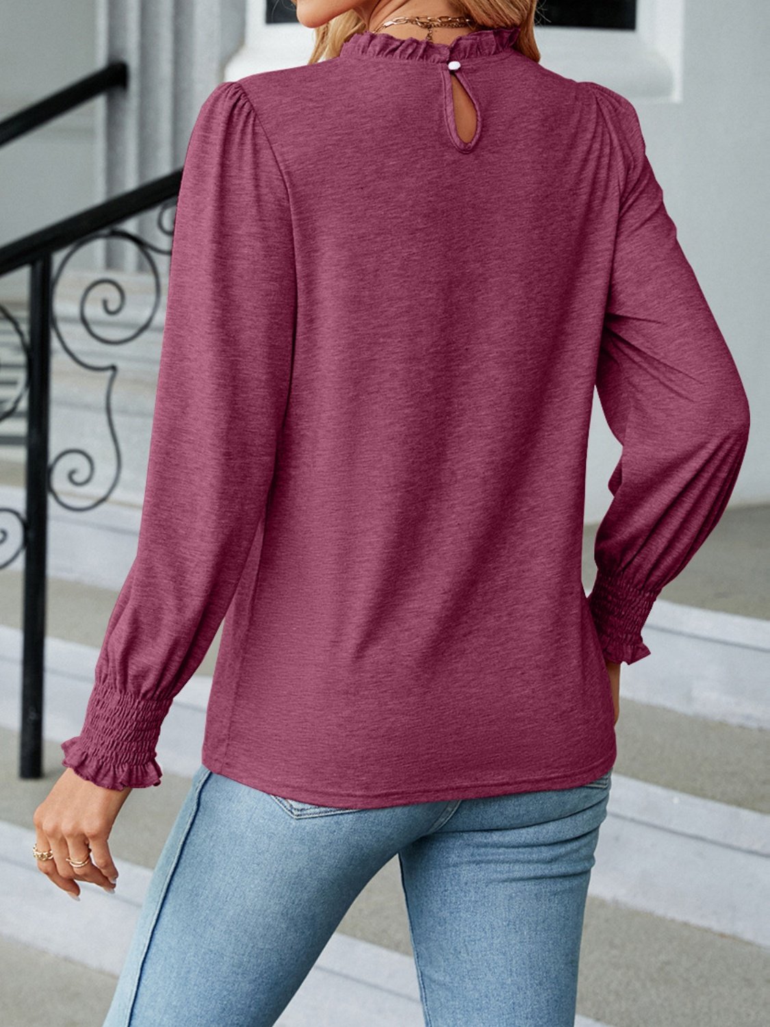 Women's Long Sleeve T-shirt Spring/Fall Pink Plain Split Joint Cotton Crew Neck Balloon Sleeve Daily Going Out Vintage Top