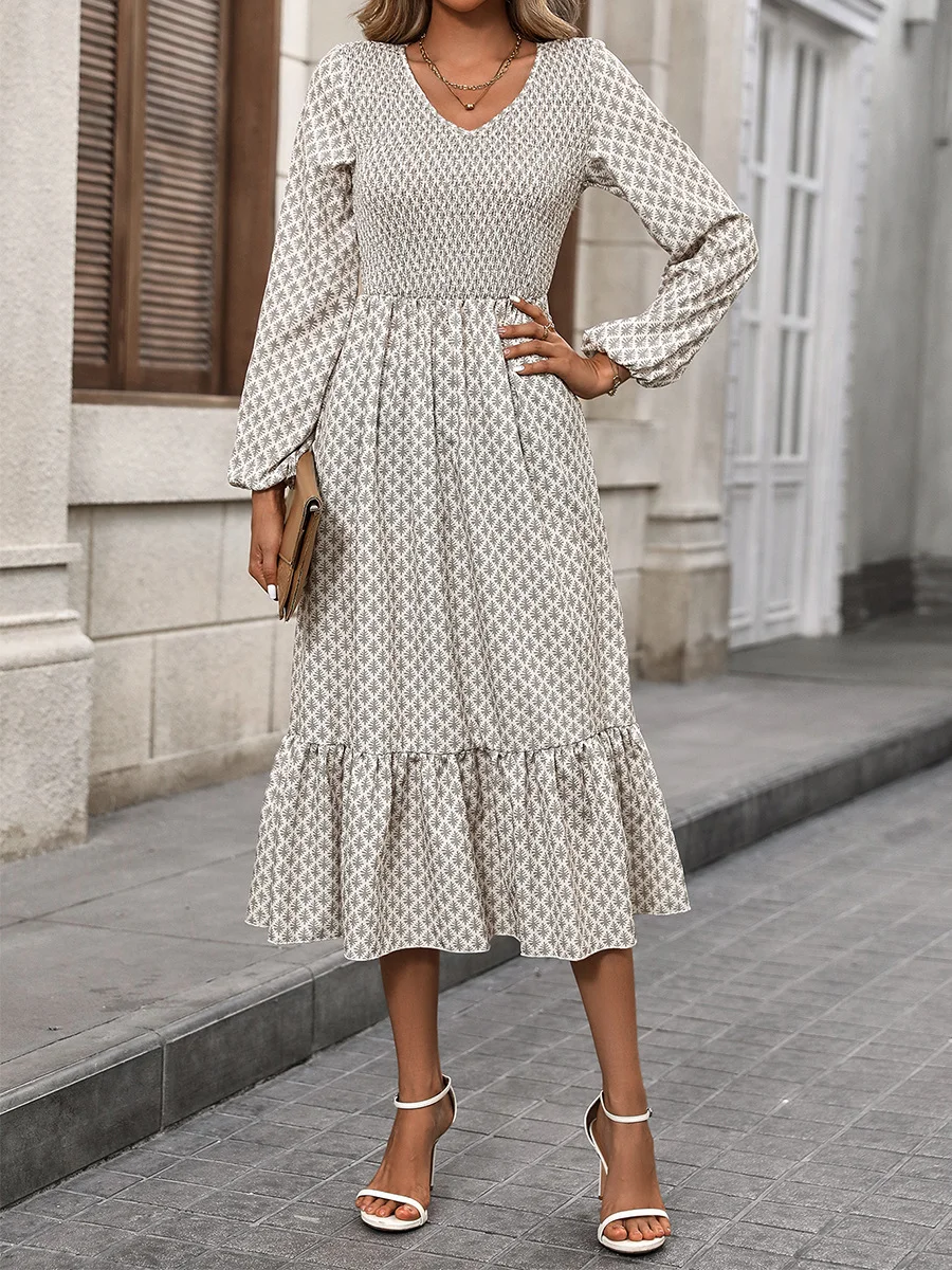 V Neck Geometric Casual Dress With No