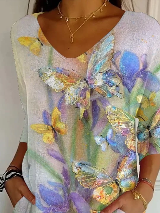 Women's Three Quarter Sleeve T-shirt Spring/Fall As Picture Floral Printing V Neck Daily Going Out Casual Top