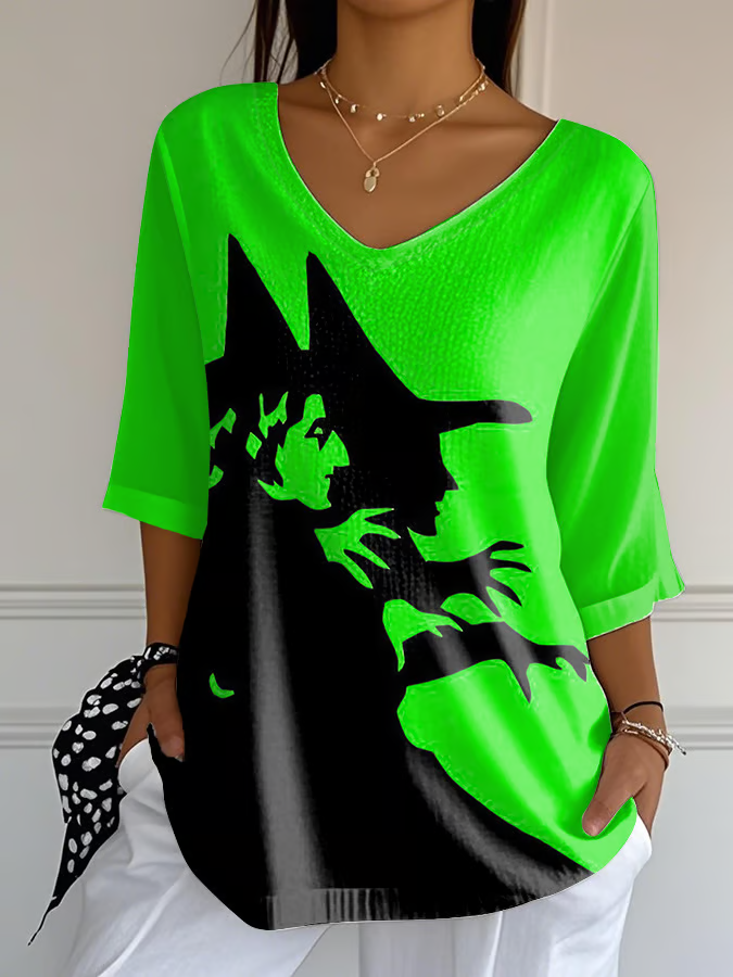 Women's Halloween Print Casual V-Neck T-Shirt