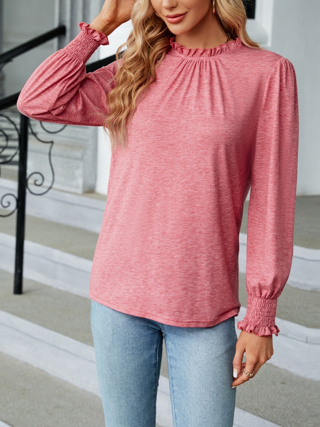 Women's Long Sleeve T-shirt Spring/Fall Pink Plain Split Joint Cotton Crew Neck Balloon Sleeve Daily Going Out Vintage Top