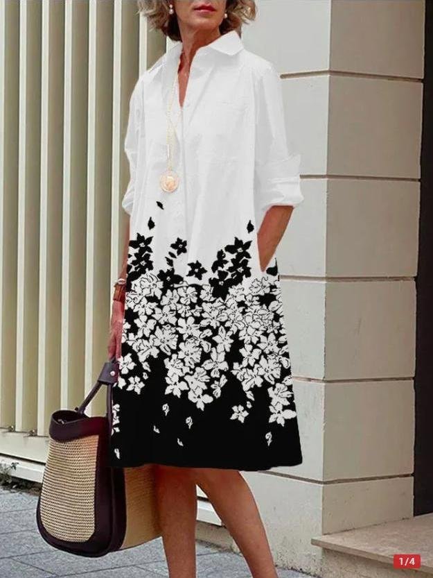 Women's Simple Pattern Shirtdress Elegant Printed Midi Dress