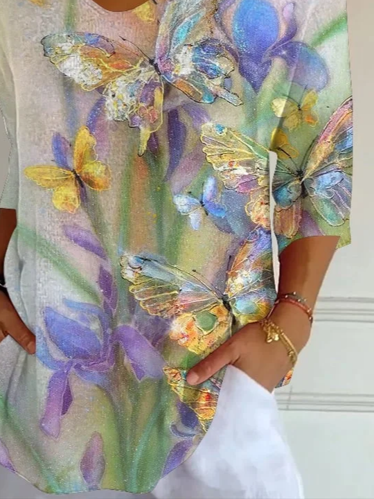 Women's Three Quarter Sleeve T-shirt Spring/Fall As Picture Floral Printing V Neck Daily Going Out Casual Top