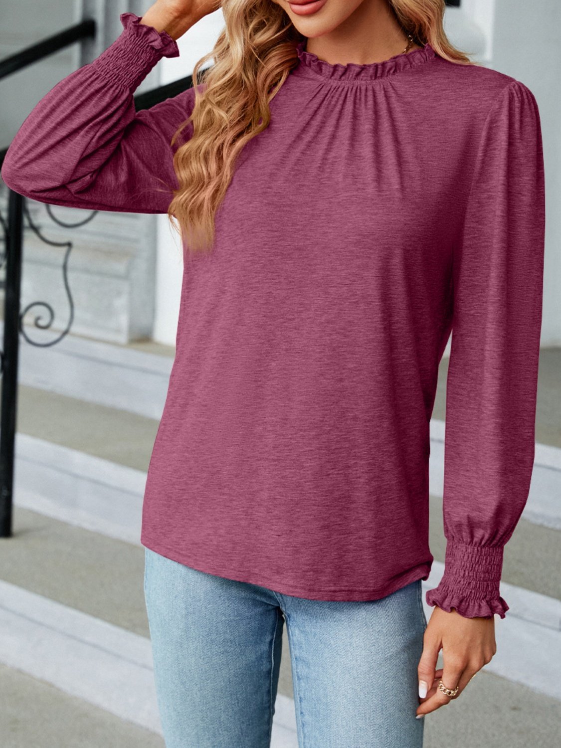 Women's Long Sleeve T-shirt Spring/Fall Pink Plain Split Joint Cotton Crew Neck Balloon Sleeve Daily Going Out Vintage Top