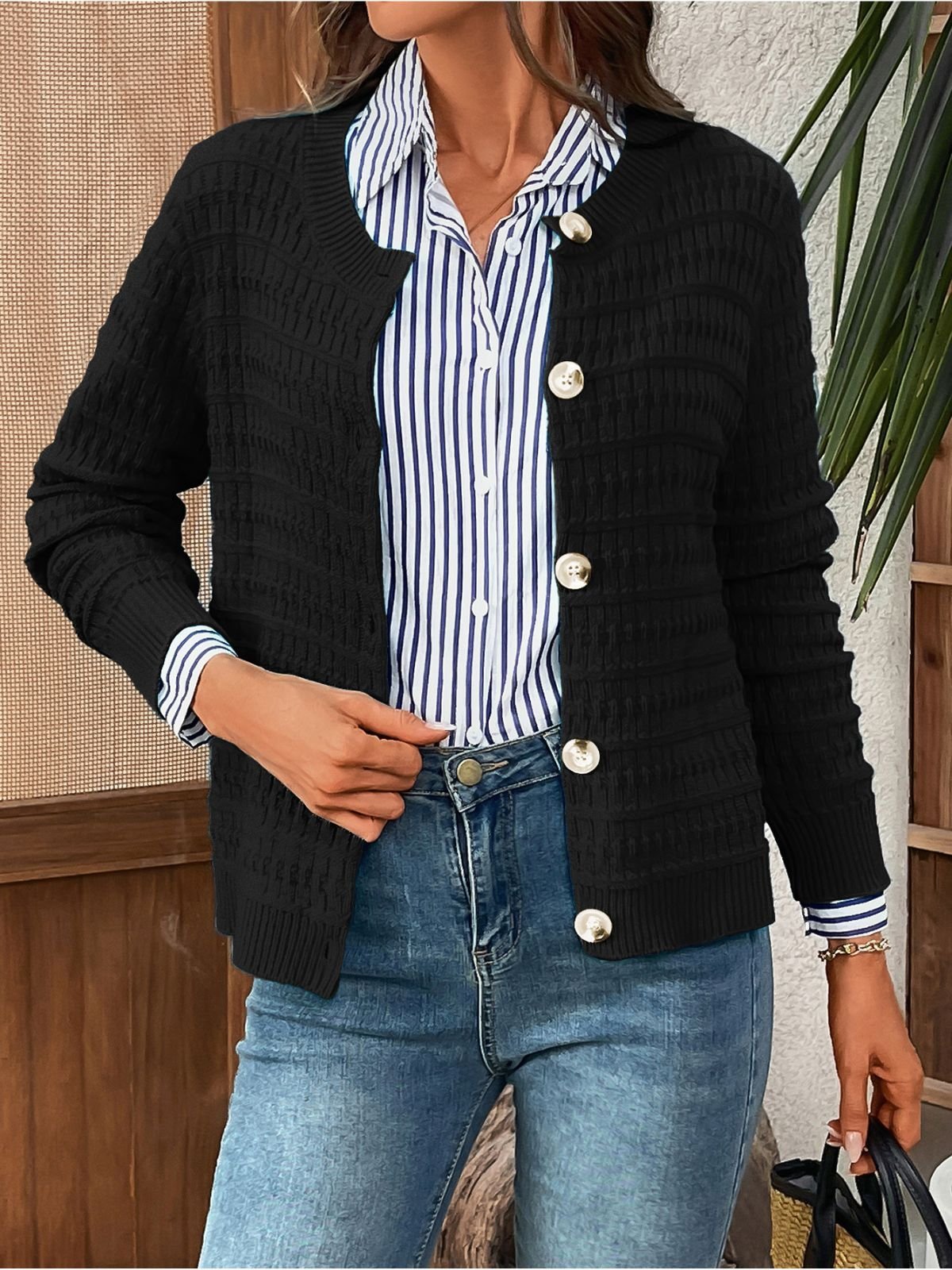Simple Crew Neck Plain Cardigan
