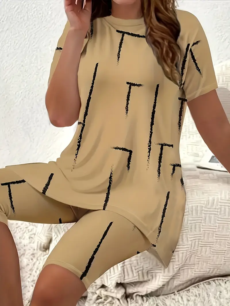 Women's Printing Abstract Daily Going Out Two-Piece Set Khaki Casual Summer Top With Pants Matching Set