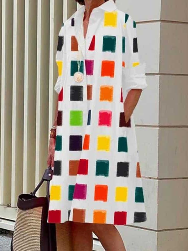 Women's Simple Pattern Shirtdress Elegant Printed Midi Dress