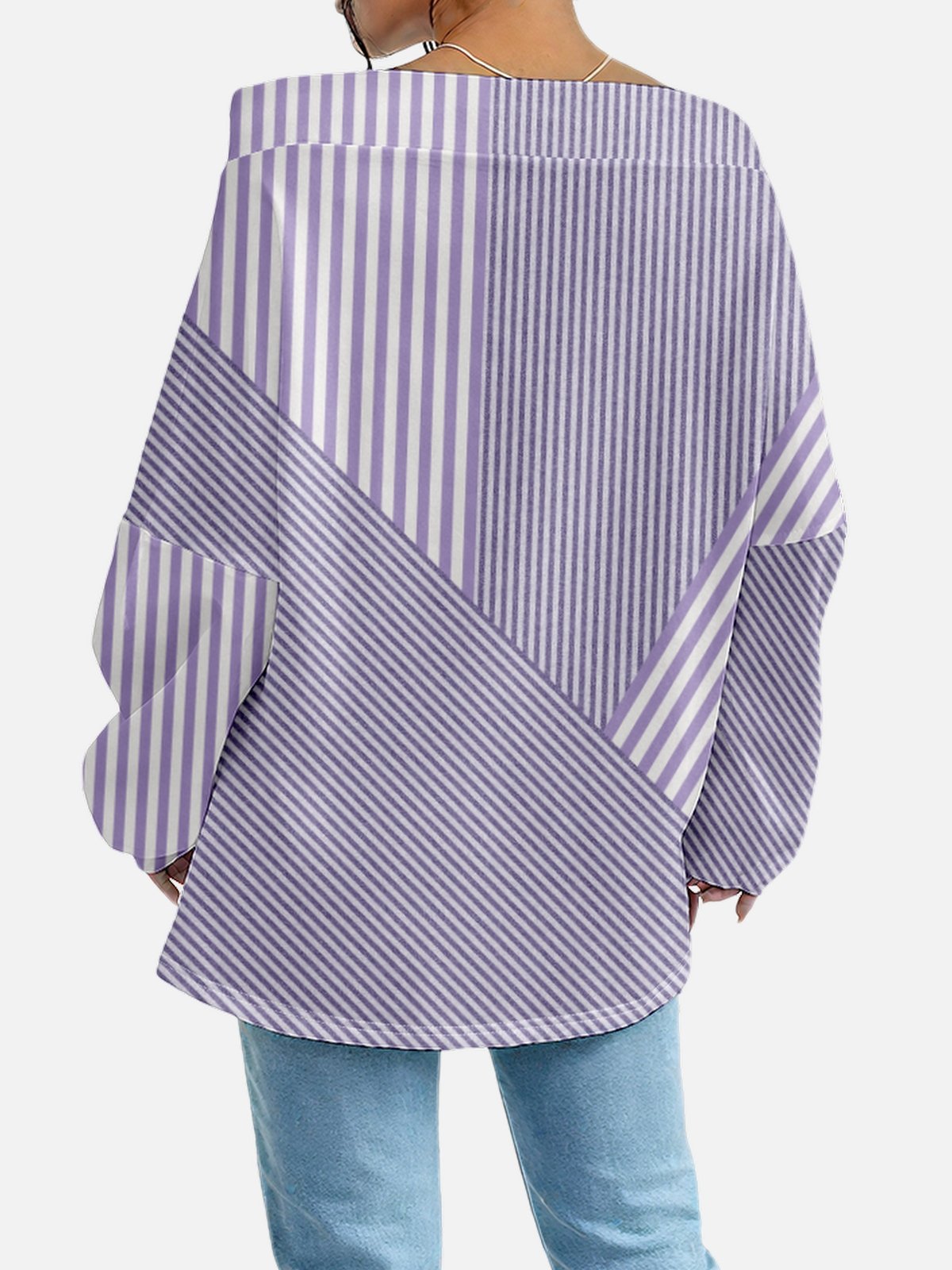 Women's Sweatshirt Stripe Pattern Fashionable Everyday Off-Shoulder Drawstring Top