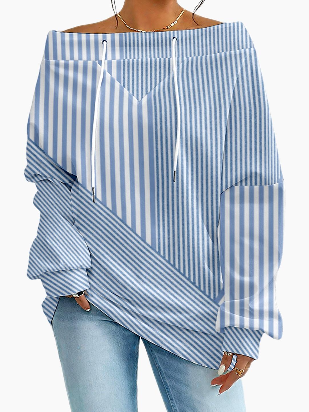 Women's Sweatshirt Stripe Pattern Fashionable Everyday Off-Shoulder Drawstring Top