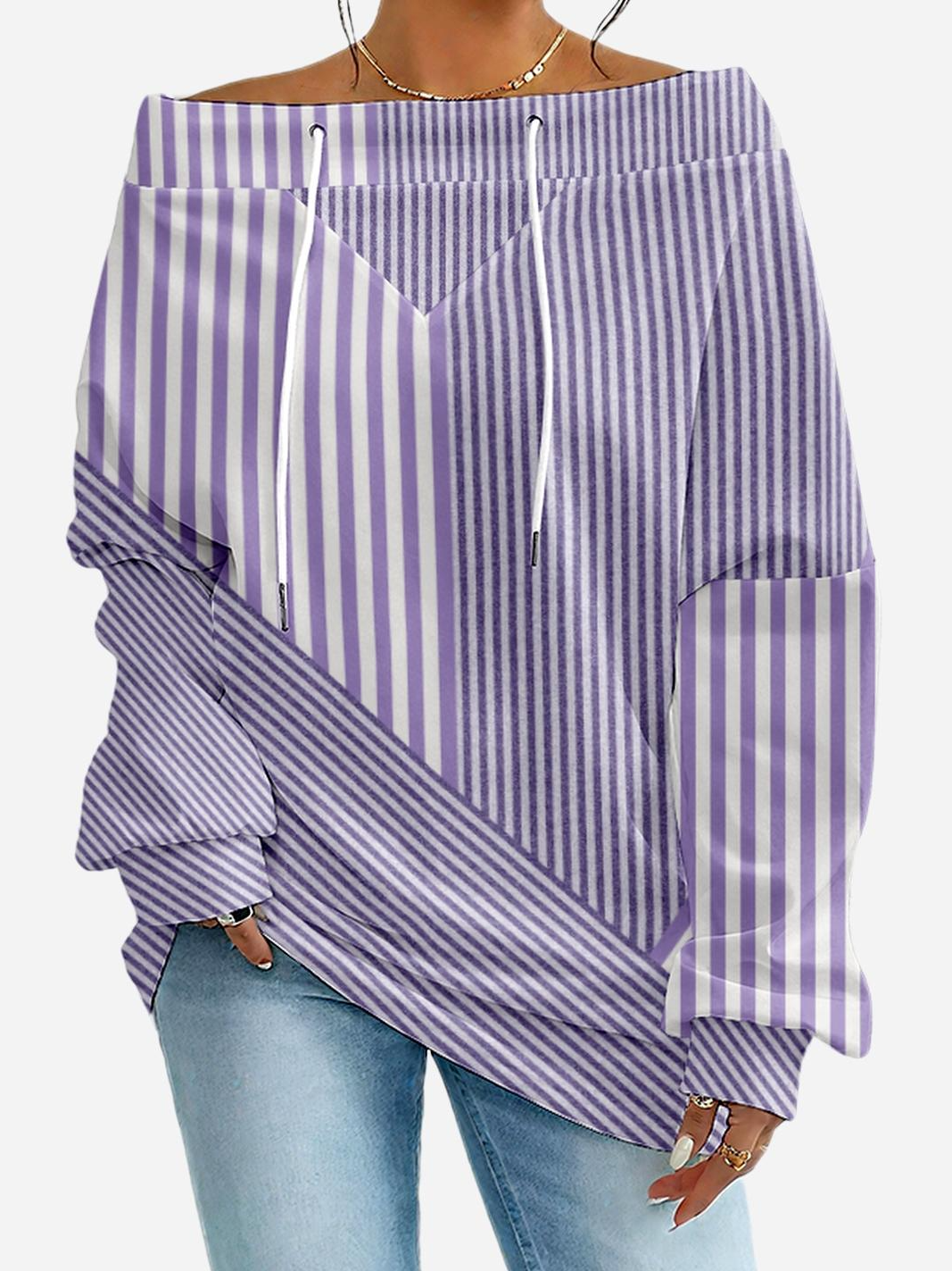 Women's Sweatshirt Stripe Pattern Fashionable Everyday Off-Shoulder Drawstring Top