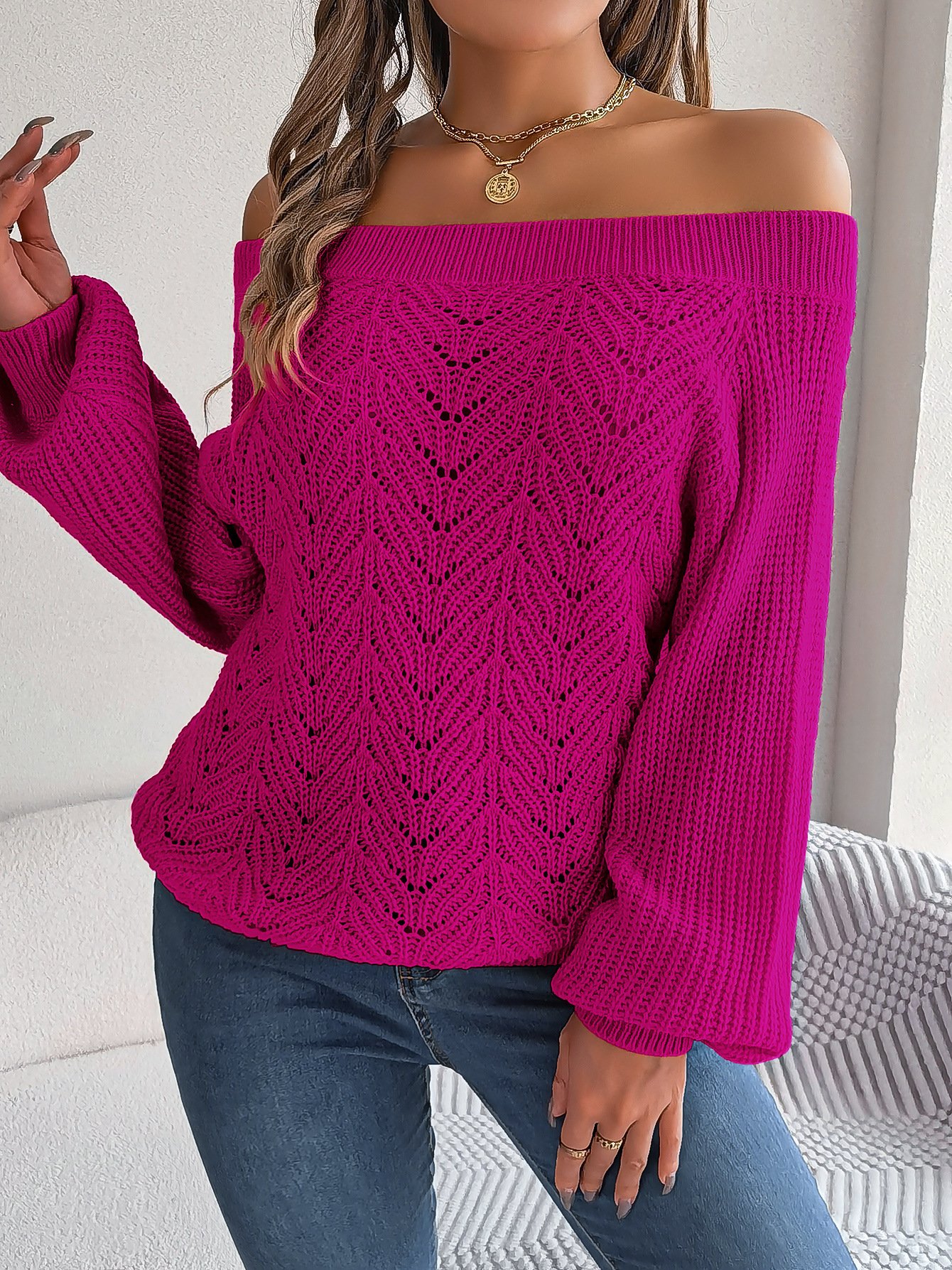Women's Autumn And Winter Casual Solid Color Hollow Neck Off-Shoulder Lantern Sleeve Sweater