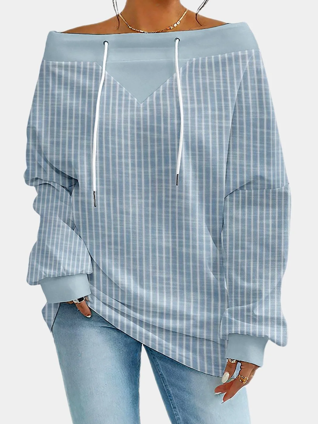 Women's Sweatshirt Striped Pattern Fashionable Everyday Street Off-Shoulder Drawstring Top