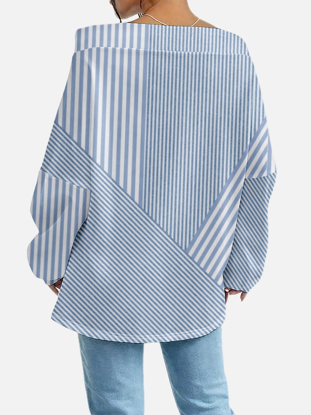 Women's Sweatshirt Stripe Pattern Fashionable Everyday Off-Shoulder Drawstring Top