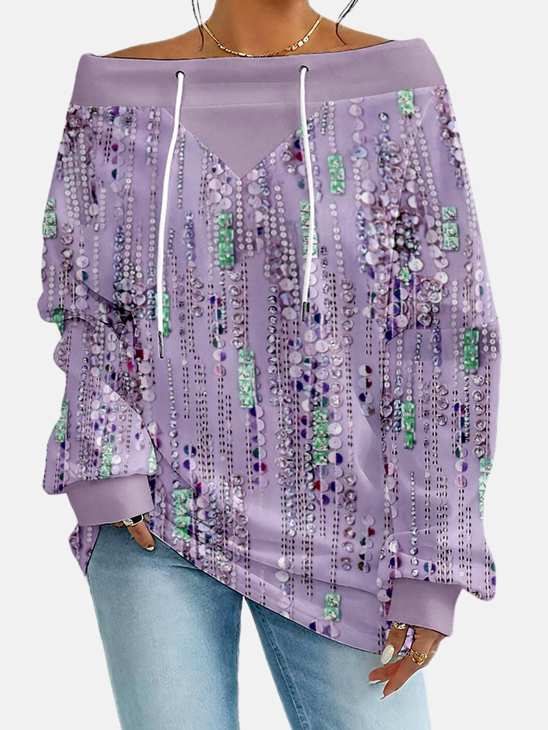Women's Hoodie With Gradient Pattern Fashionable And Everyday Off-The-Shoulder Drawstring Top