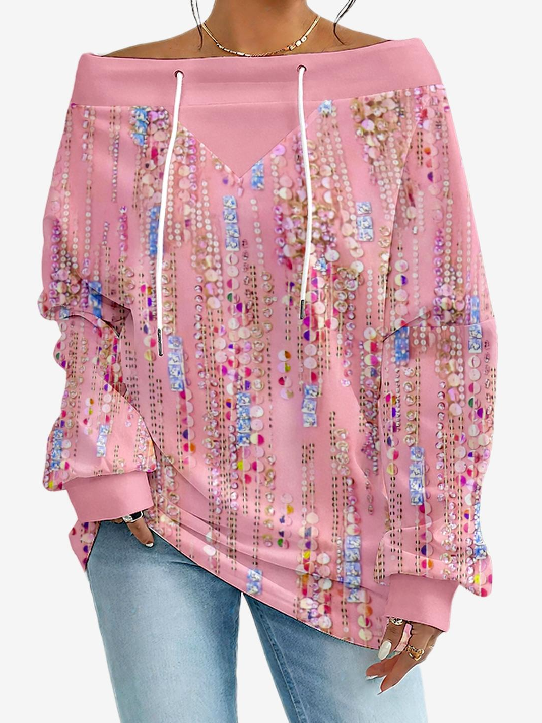 Women's Hoodie With Gradient Pattern Fashionable And Everyday Off-The-Shoulder Drawstring Top