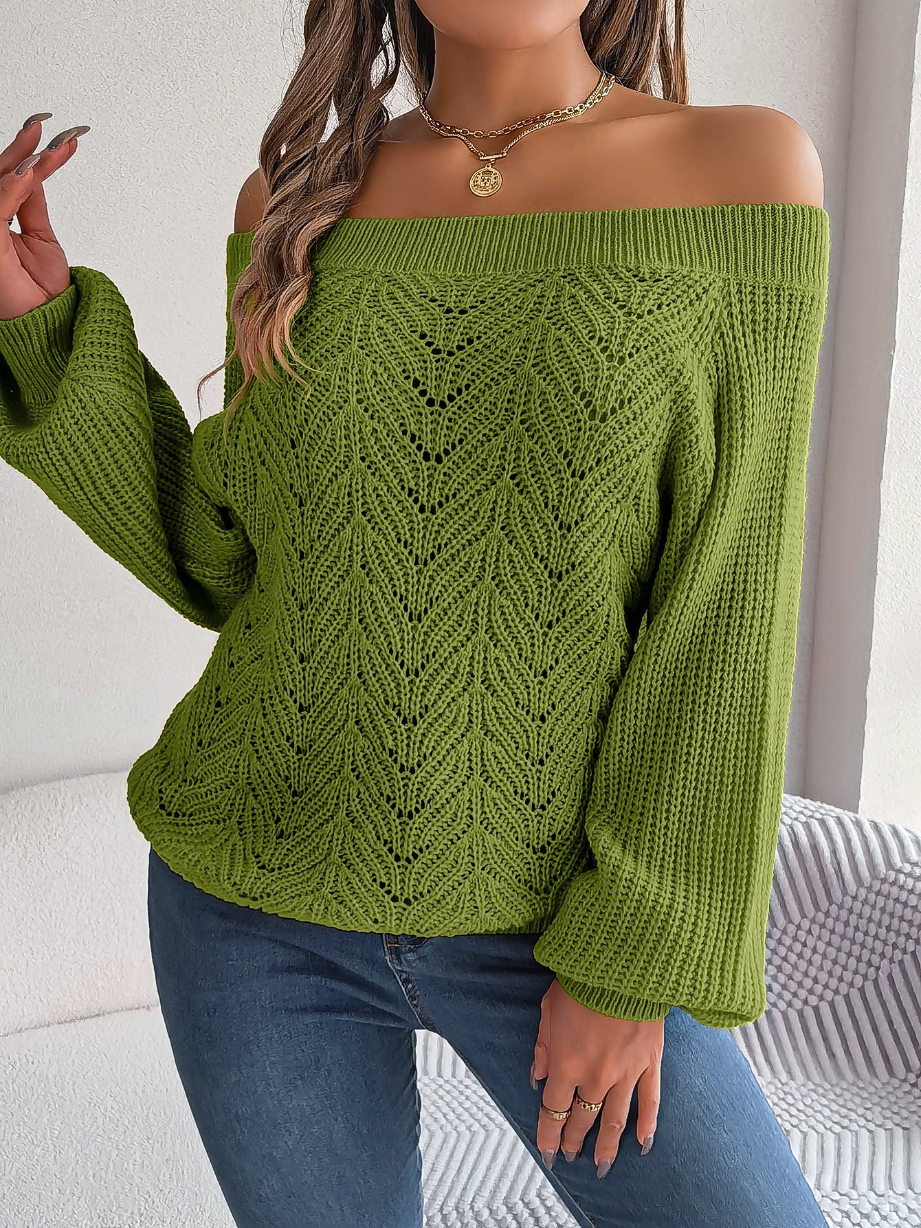 Women's Autumn And Winter Casual Solid Color Hollow Neck Off-Shoulder Lantern Sleeve Sweater