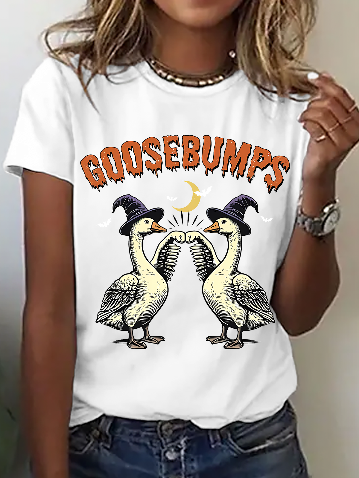 Women's Funny Goose Bumps Halloween，Retro Goose T-Shirt