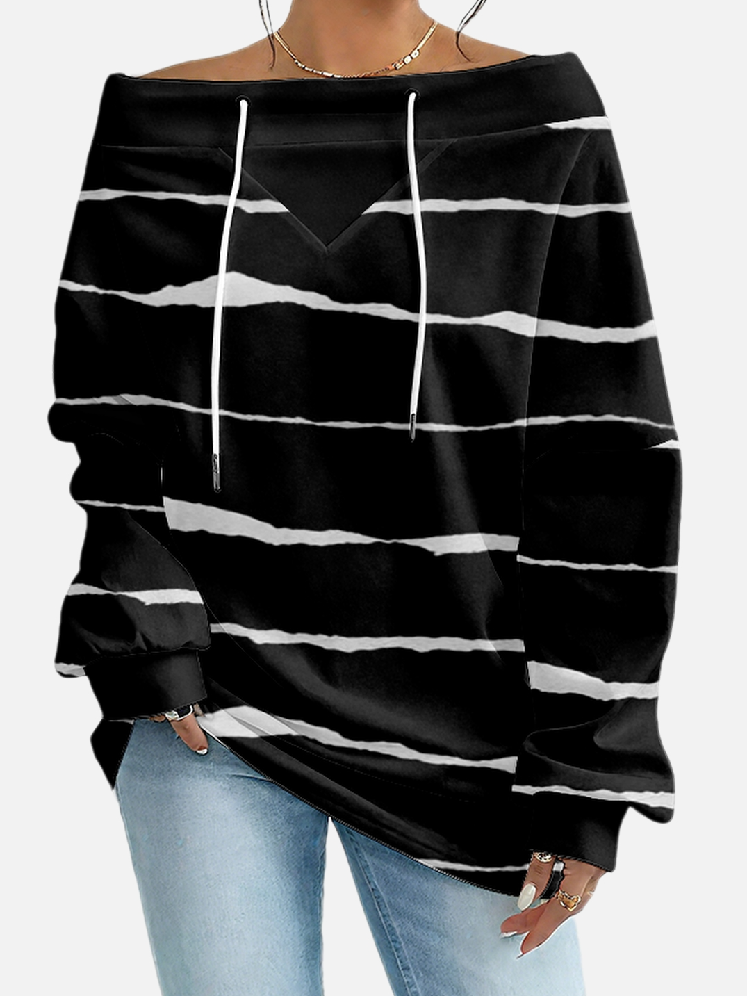 Women's Sweatshirt Striped Pattern Fashionable Everyday Street Off-Shoulder Drawstring Top