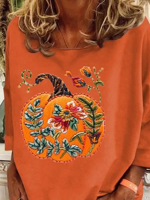 Women's Long Sleeve T-shirt Spring/Fall Orange Halloween (pumpkin) Printing Crew Neck Holiday Going Out Casual Top