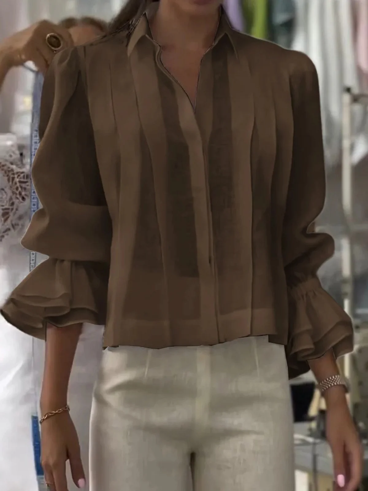 Women Casual Plain Spring/Fall Polyester Daily Regular H-Line Regular Shirt Collar Shirts