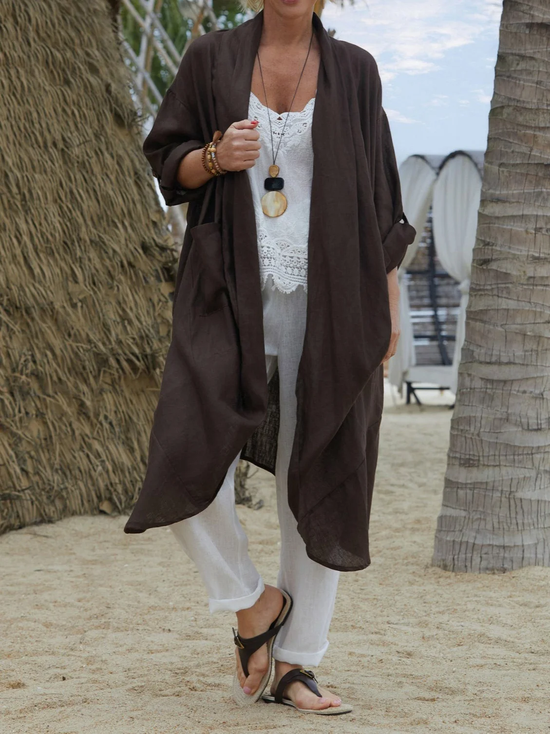 Linen Autumn New Casual Long-sleeved Shirt Dress Versatile Long Windbreaker Jacket Solid Color Cardigan