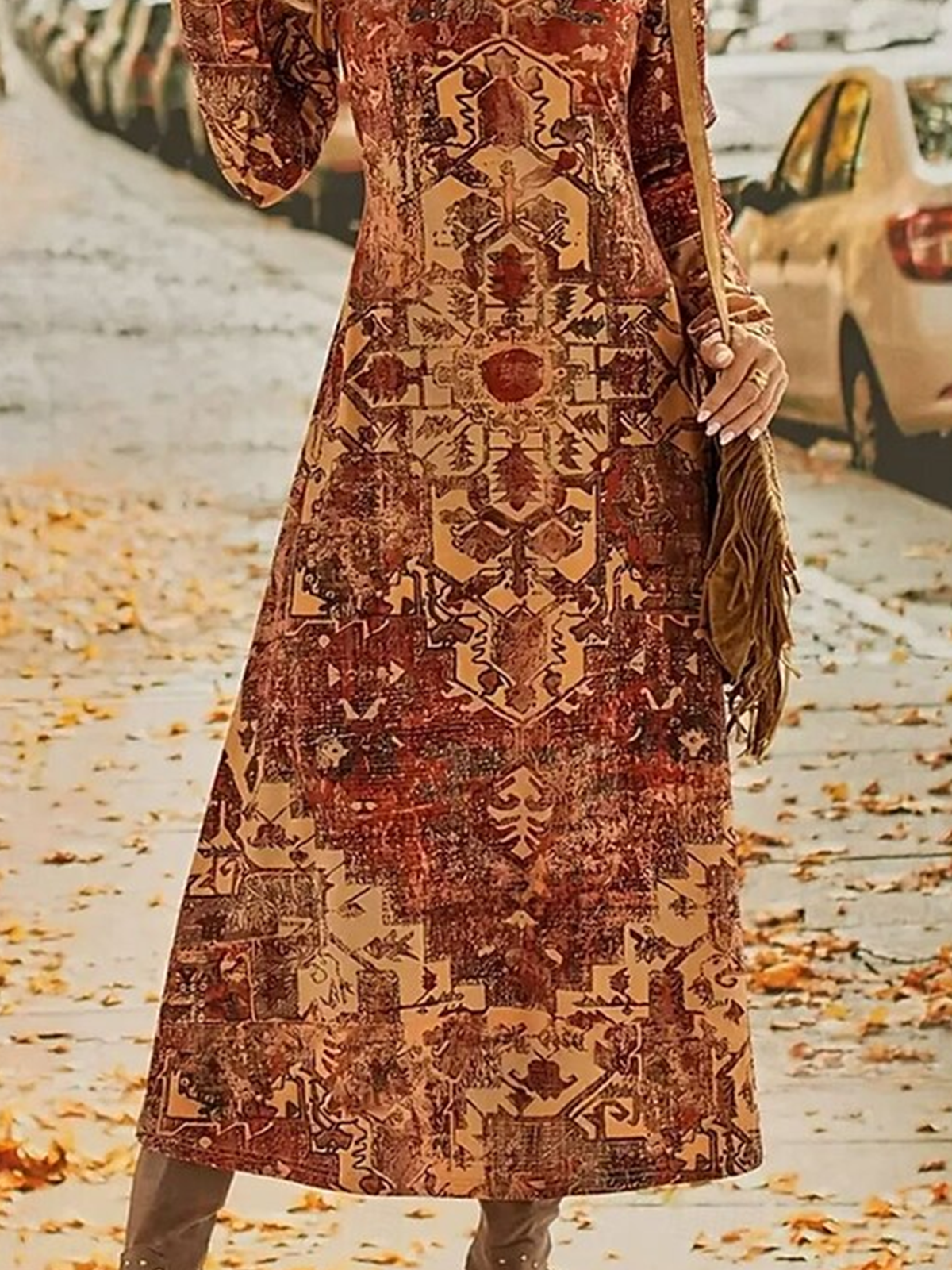 Casual Ethnic Crew Neck Dress With No