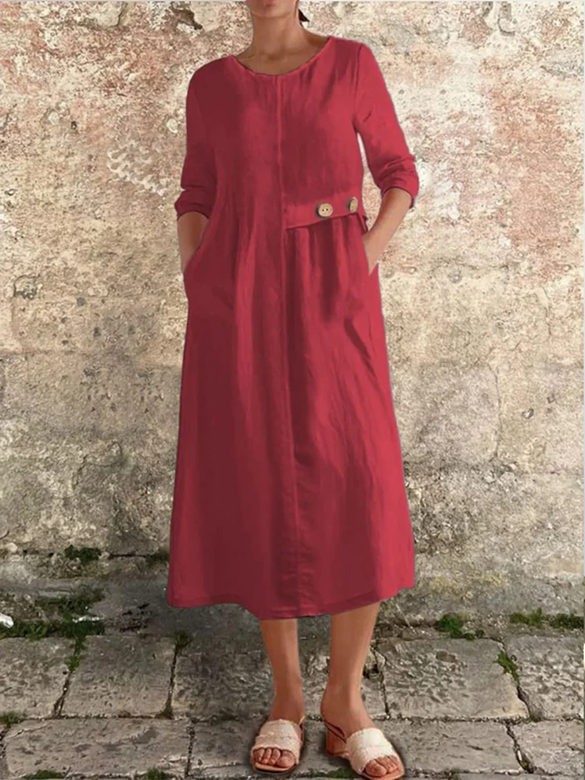 Casual Plain Buttoned Crew Neck Midi Dress