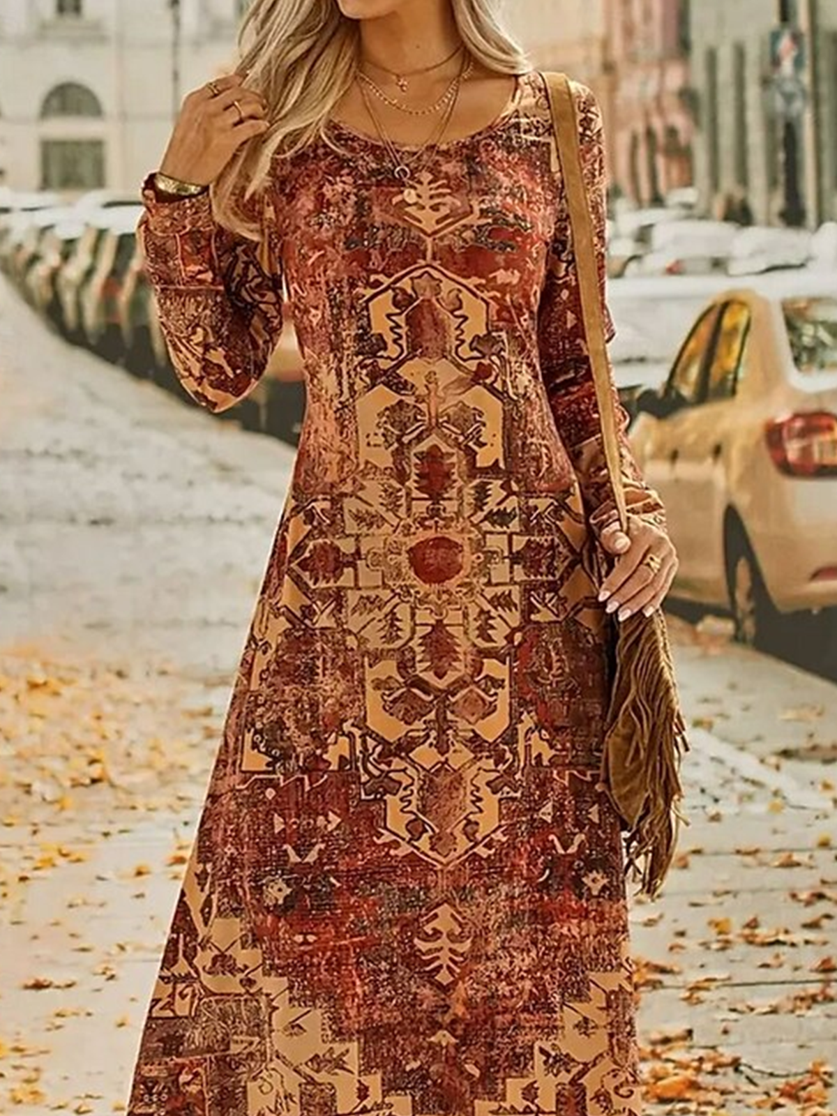 Casual Ethnic Crew Neck Dress With No