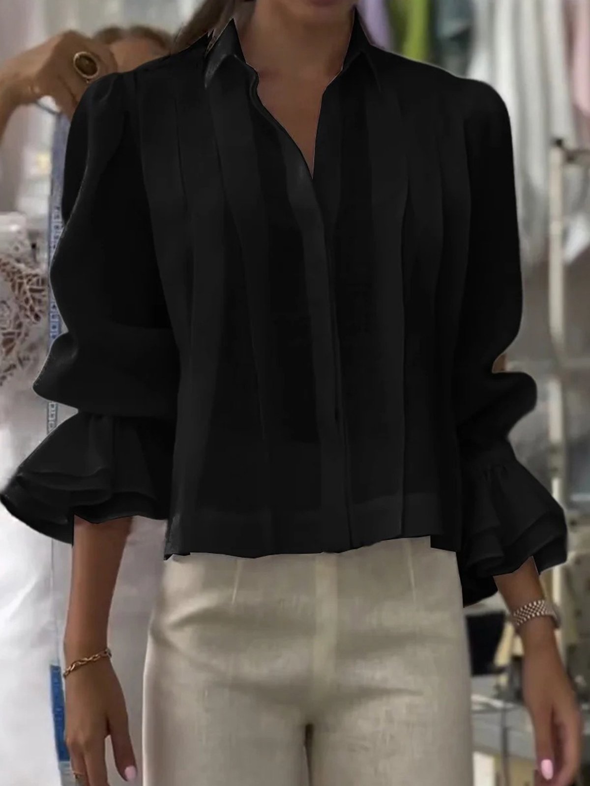 Women Casual Plain Spring/Fall Polyester Daily Regular H-Line Regular Shirt Collar Shirts