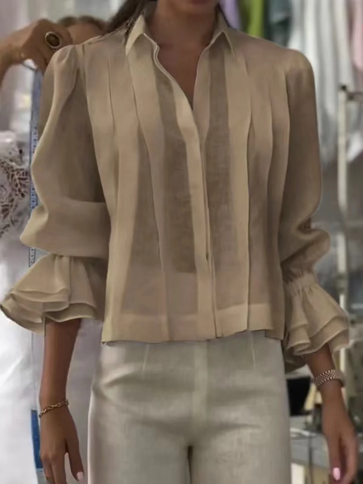 Women Casual Plain Spring/Fall Polyester Daily Regular H-Line Regular Shirt Collar Shirts