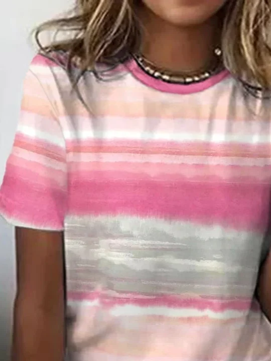 Women's Breast Awareness Pink Striped Casual Crew Neck Short Sleeve T-Shirt