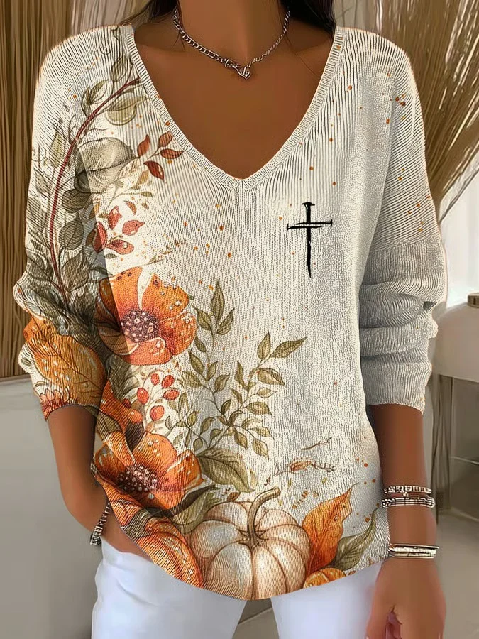 Womens Autumn Art Design Printed Pit Fabric Fabric Long Sleeve T-Shirt