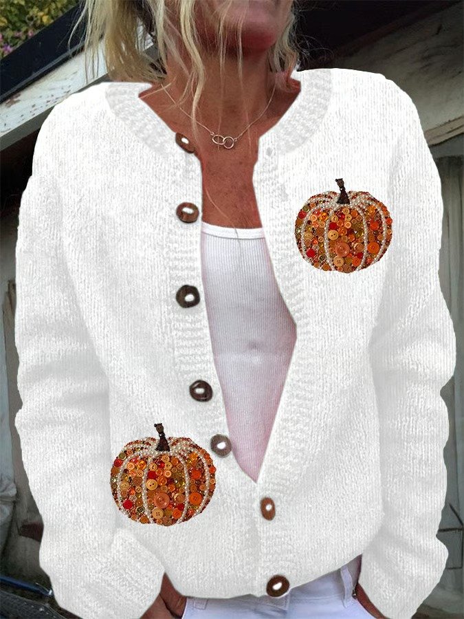 Womens Autumn Sequin Pumpkin Print Cardigan Sweater