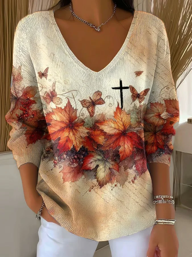 Womens Autumn Art Design Printed Pit Fabric Fabric Long Sleeve T-Shirt