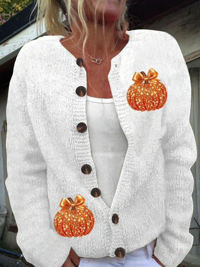 Womens Autumn Sequin Pumpkin Print Cardigan Sweater