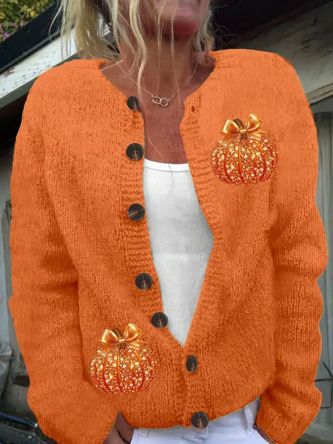 Womens Autumn Sequin Pumpkin Print Cardigan Sweater