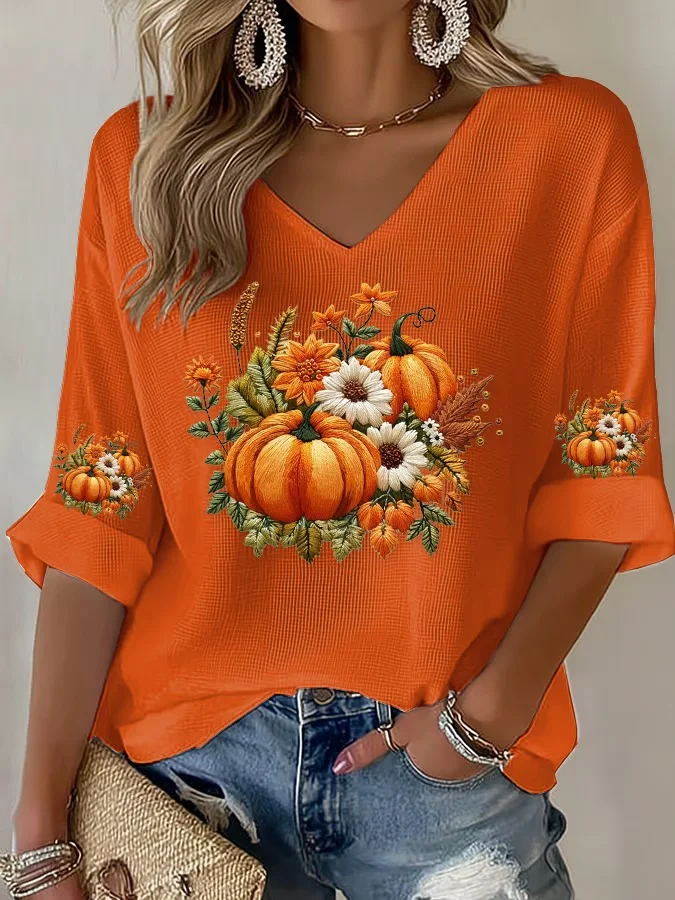 Women's Halloween Autumn Art Design Printed Pitted Fabric Long Sleeve T-shirt