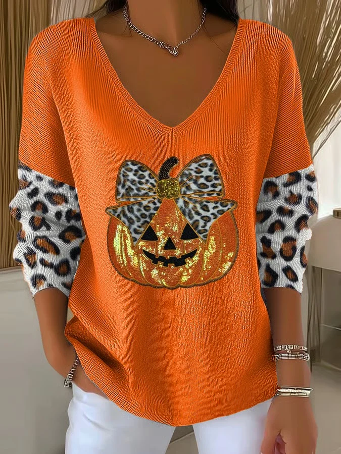 Women's Halloween Autumn Art Design Printed Pitted Fabric Long Sleeve T-shirt