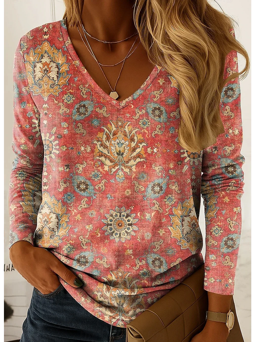 Women's Abstract Pattern T-Shirt Elegant Vintage Long Sleeve V-Neck Regular Fit Top Spring Autumn