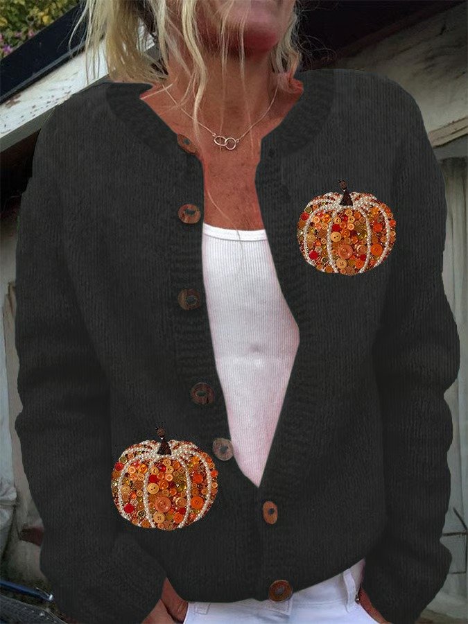 Womens Autumn Sequin Pumpkin Print Cardigan Sweater