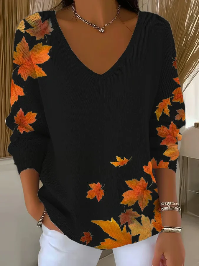 Womens Autumn Art Design Printed Pit Fabric Fabric Long Sleeve T-Shirt