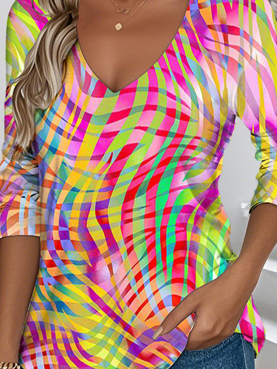 Women's Art Pattern Gradient Design Everyday Long-Sleeved V-Neck T-Shirt Spring And Autumn