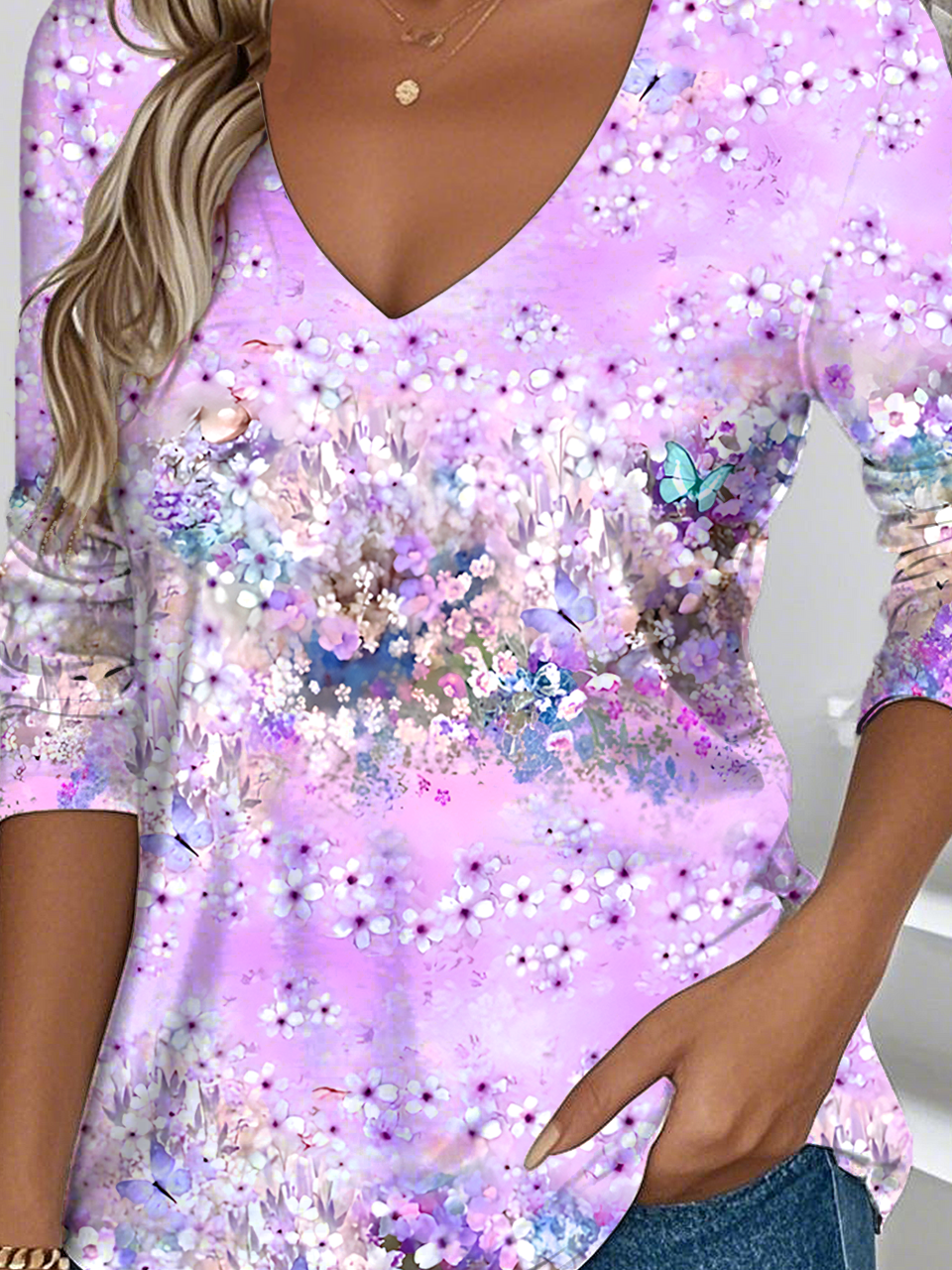 Women's Floral Gradient Pattern Art Design Everyday Long-Sleeved V-Neck T-Shirt Spring And Autumn