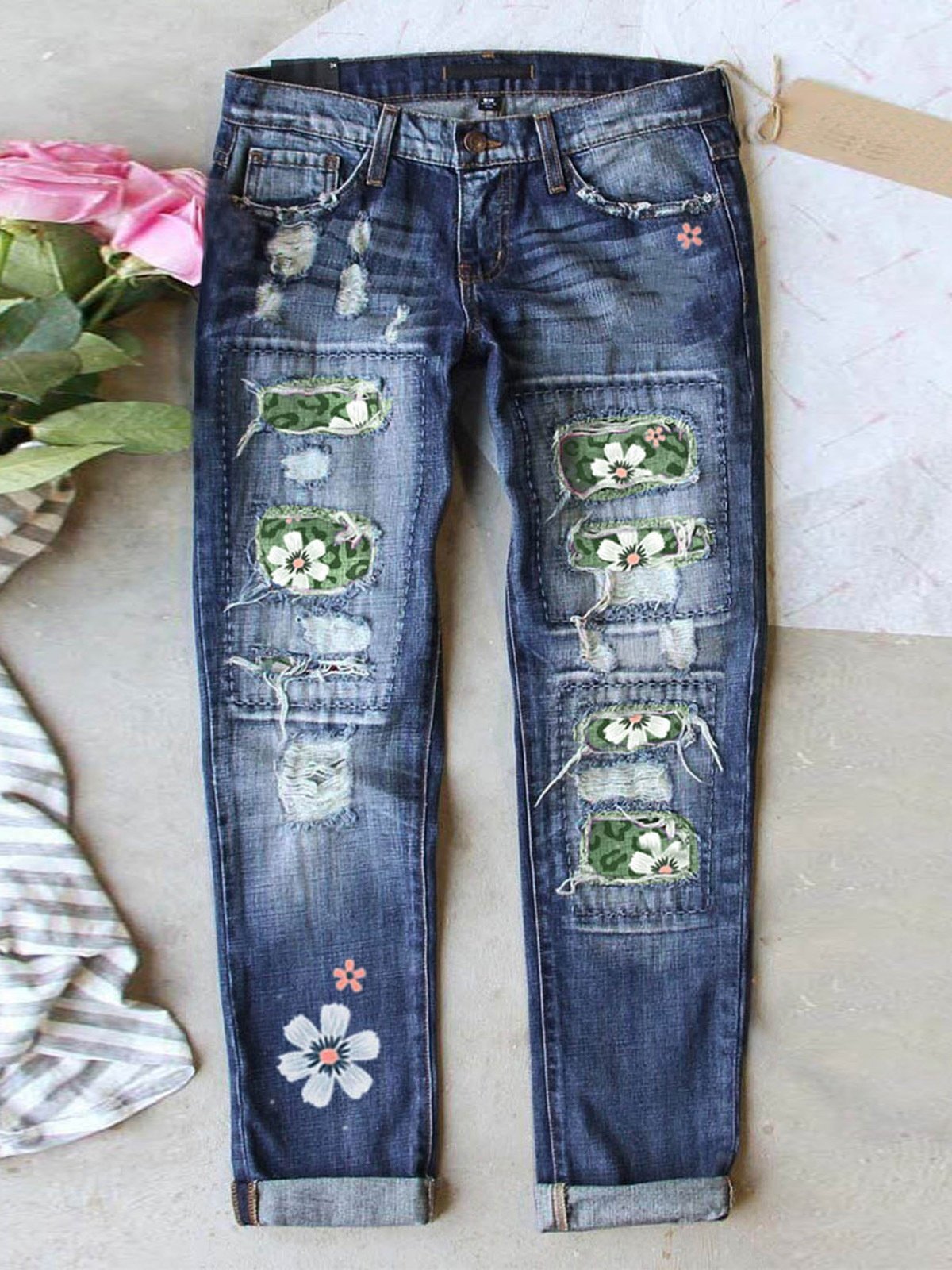 Street Leopard Fashion Slim-fit Printed Patchwork Ripped Jeans