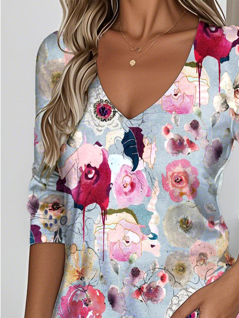 Women's Gradient Pattern Art Design Daily Long Sleeve V-Neck T-shirt Spring and Autumn
