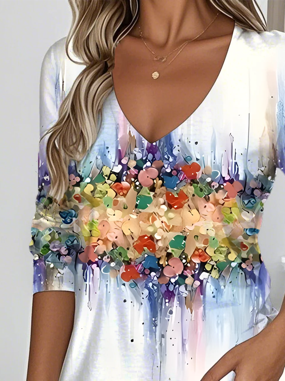 Women's Art Pattern Gradient Design Everyday Long-Sleeved V-Neck T-Shirt Spring And Autumn