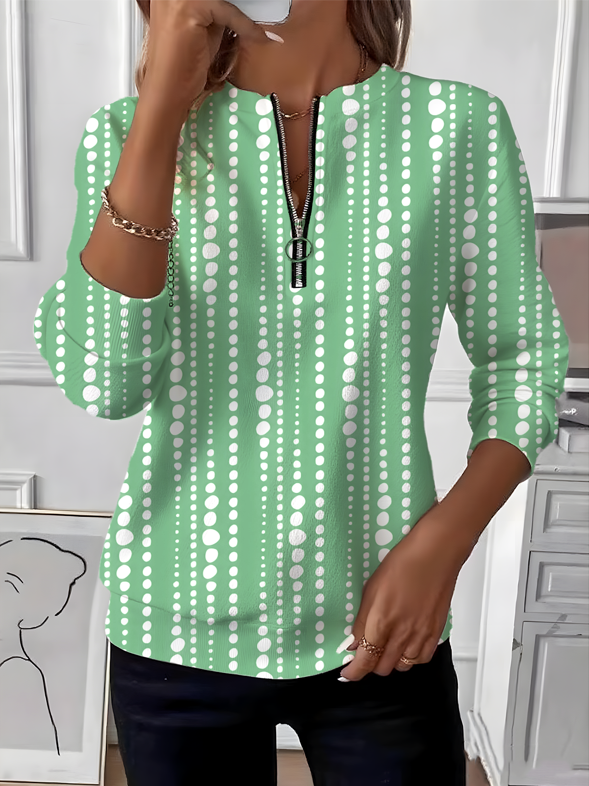 Women's Retro Polka Dot Design Everyday Long Sleeve Center Front Zip Sweatshirt