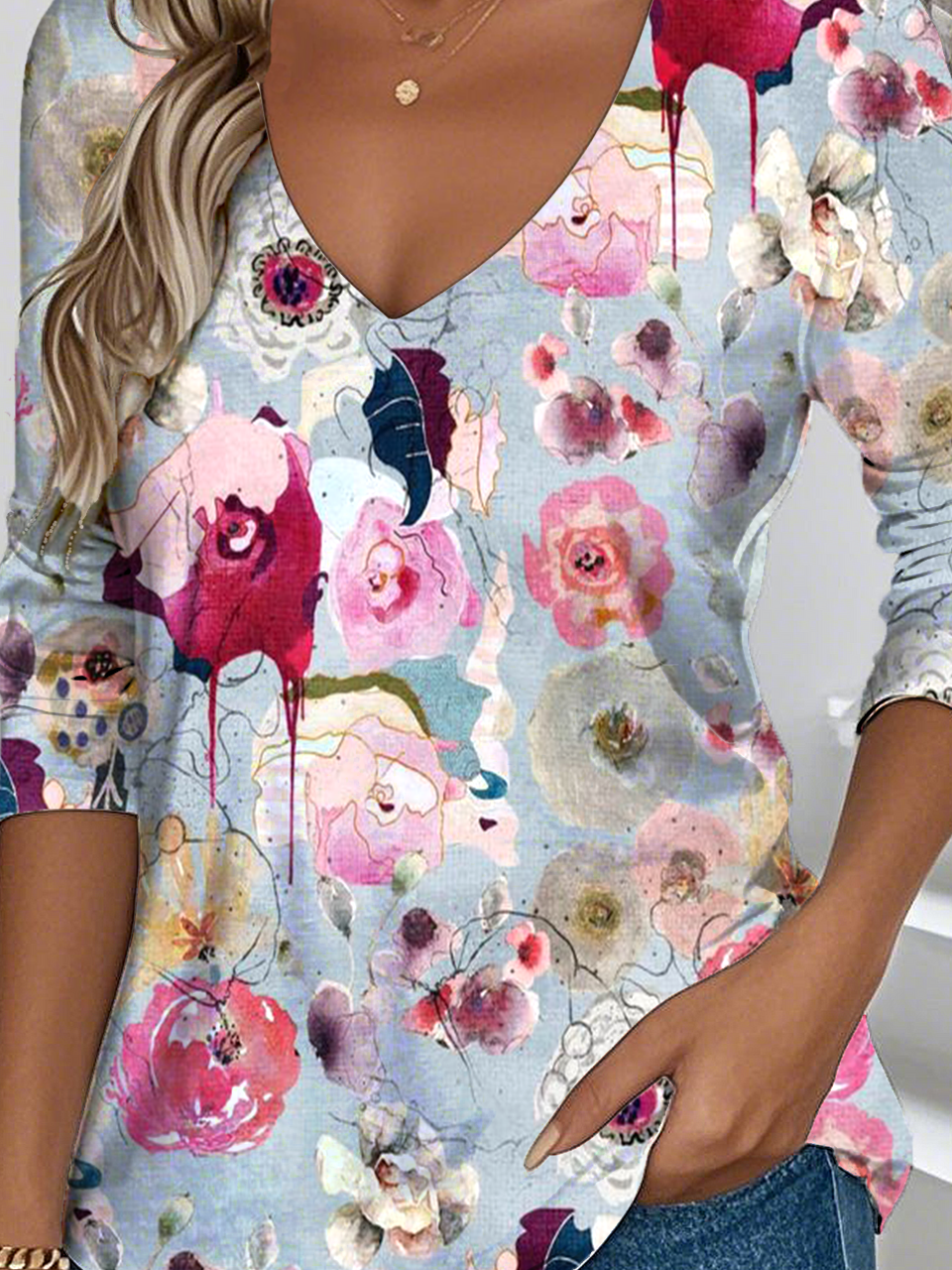 Women's Gradient Pattern Art Design Daily Long Sleeve V-Neck T-shirt Spring and Autumn