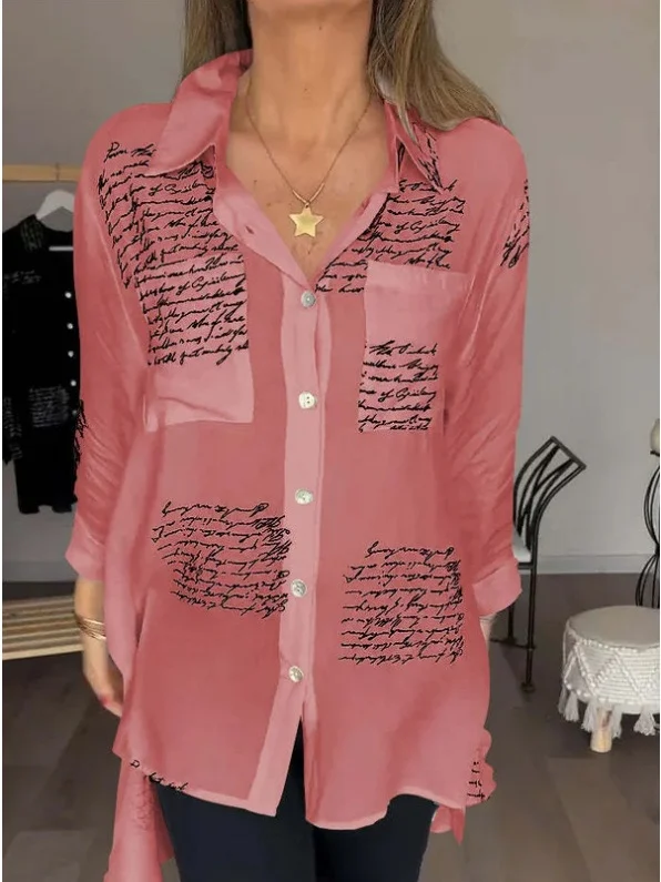 Women's Long Sleeve Shirt Spring/Fall Black Text Letters Split Joint V Neck Daily Going Out Casual Top
